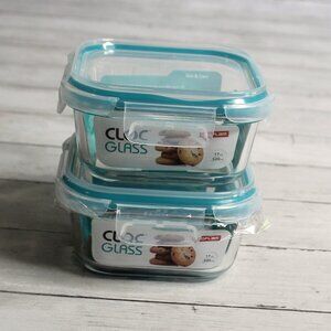 Neoflam Cloc Clear Glass Dish Storage Container Lot with Blue Lids